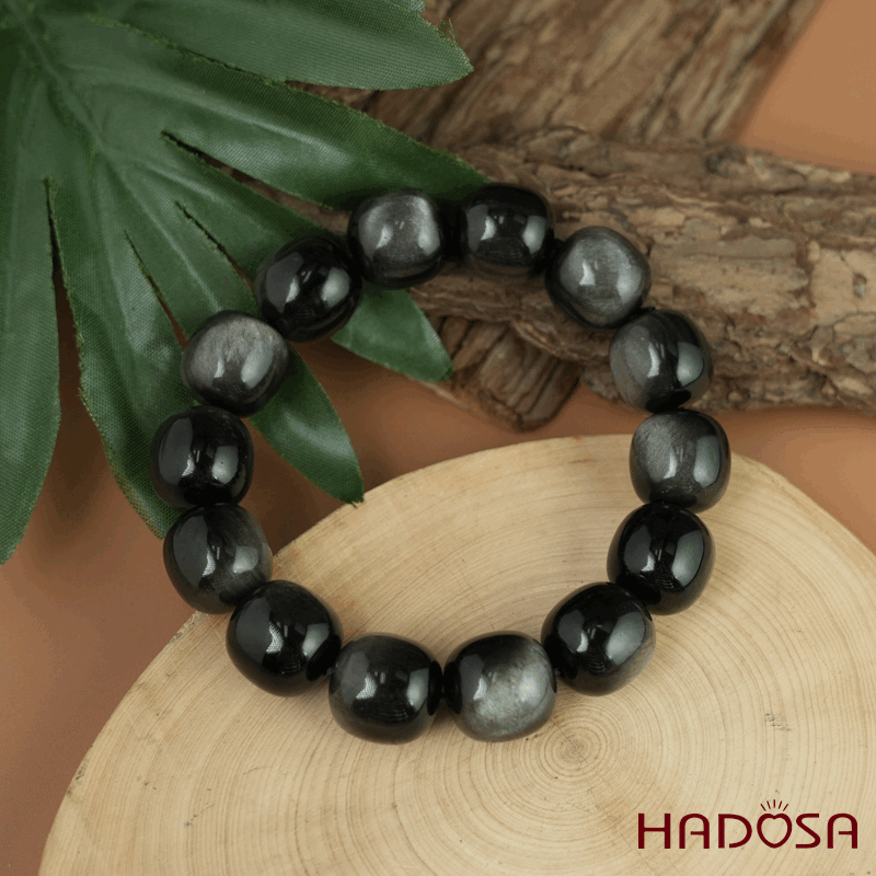 Vòng tay đá Obsidian-Hắc Diện Thạch ánh bạc hạt trụ 16mm