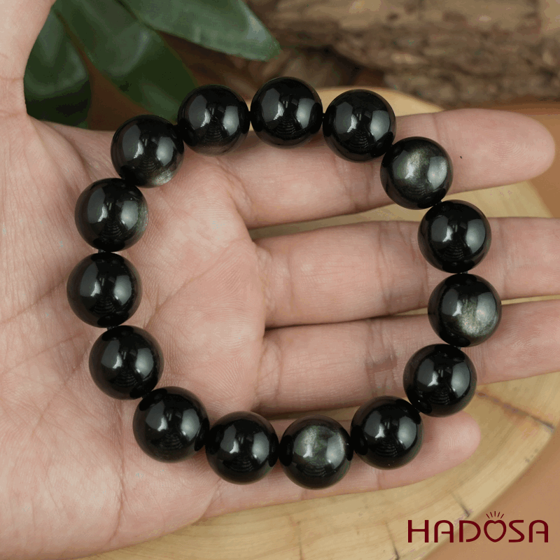 Vòng tay đá Obsidian-Hắc Diện Thạch Ánh Bạc 14mm