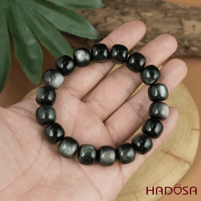 Vòng tay đá Obsidian-Hắc Diện Thạch ánh bạc hạt trụ 10x11mm