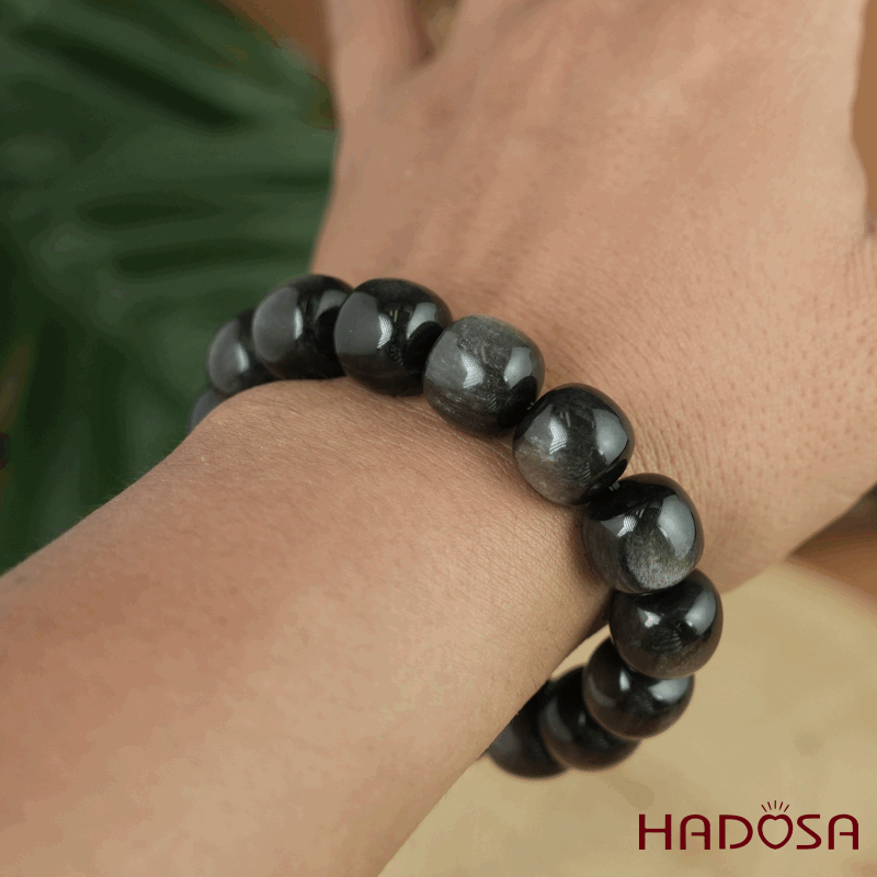 Vòng tay đá Obsidian-Hắc Diện Thạch ánh bạc hạt trụ 13x14mm