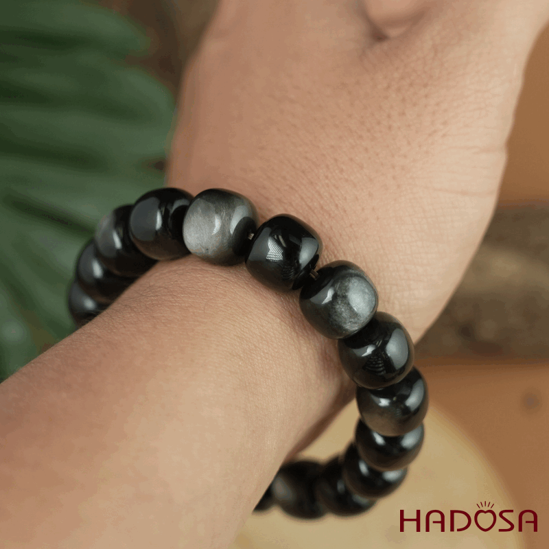 Vòng tay đá Obsidian-Hắc Diện Thạch ánh bạc hạt trụ 16mm