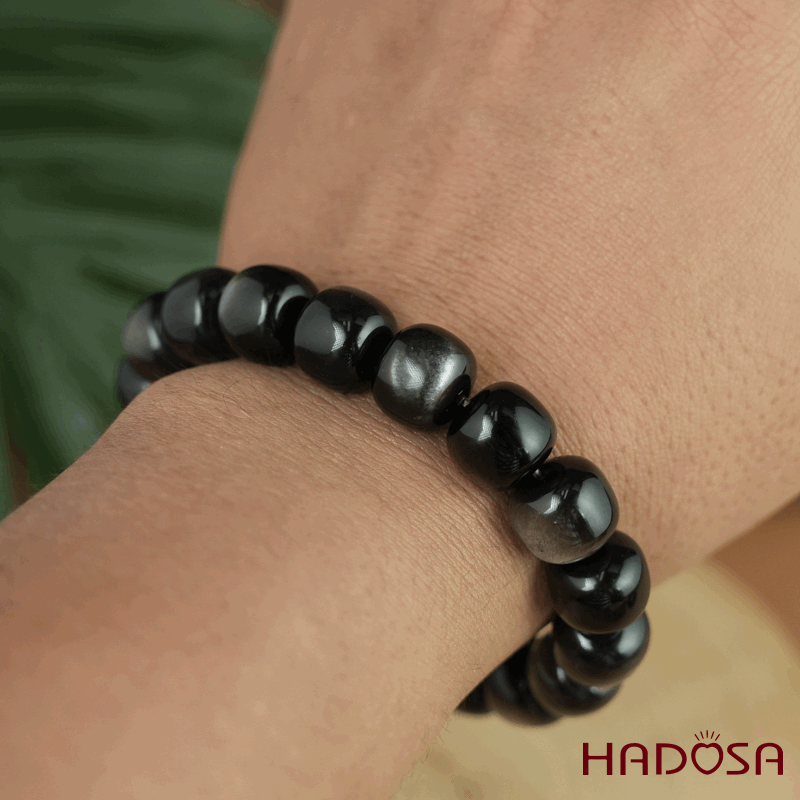 Vòng tay đá Obsidian-Hắc Diện Thạch ánh bạc hạt trụ 10x11mm