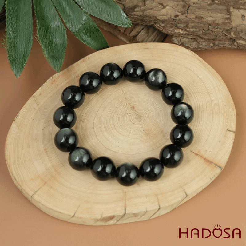 Vòng tay đá Obsidian-Hắc Diện Thạch Ánh Bạc 14mm