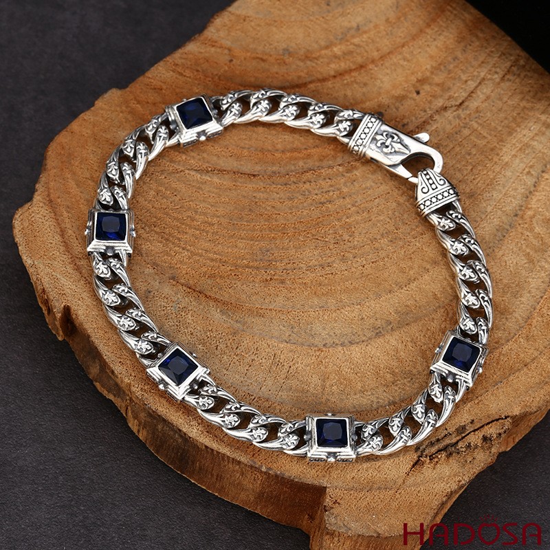 Lắc Tay Bạc Thái Nam Đính Đá Xanh CZ