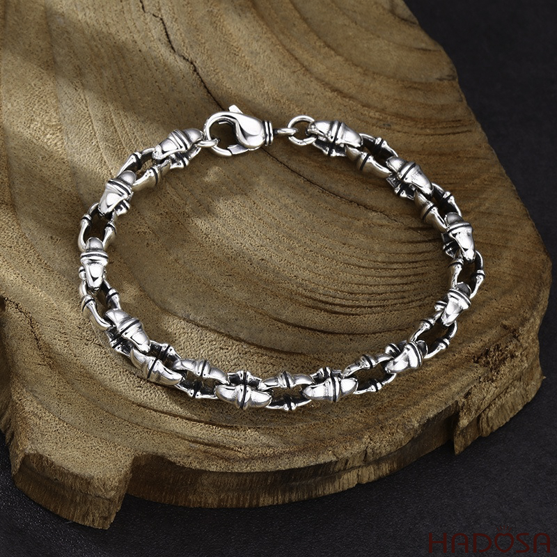 Vòng Tay Nam Bạc Thái Mắt Xích Phối Đốt Tre