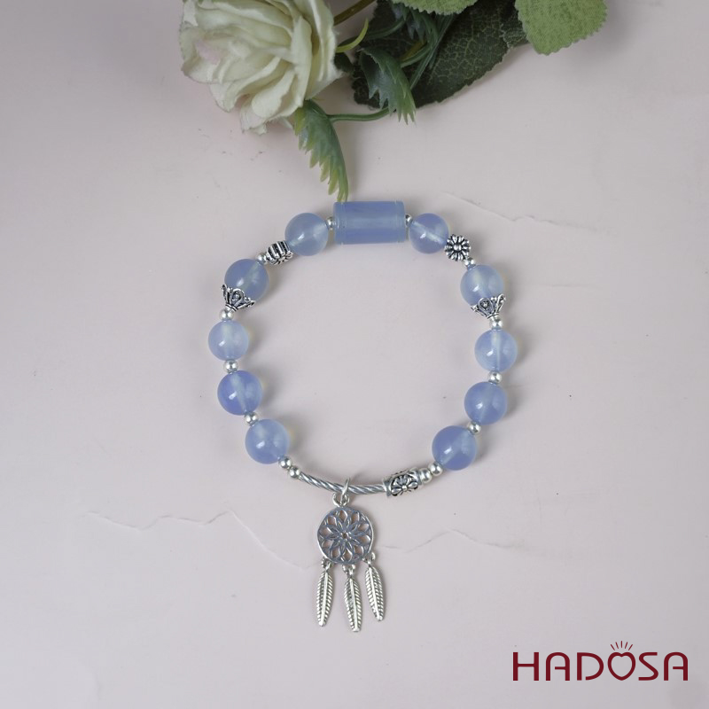 Vòng tay đá Aquamarine 8mm mix charm bạc 925
