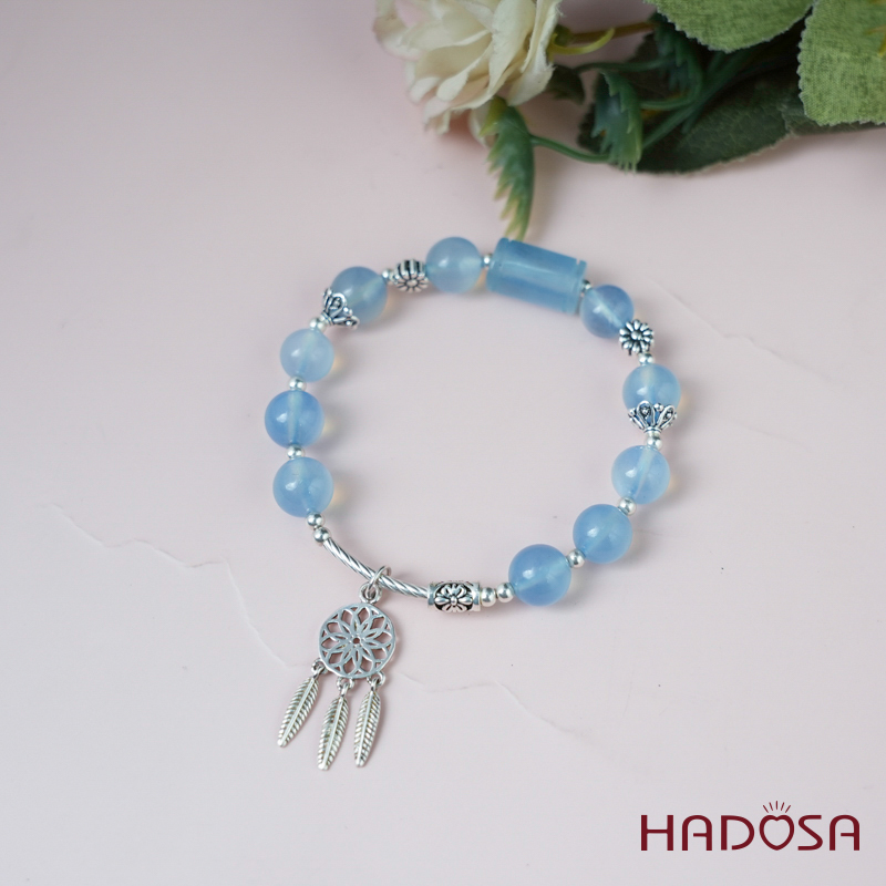 Vòng tay đá Aquamarine 8mm mix charm bạc 925