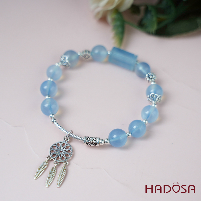 Vòng tay đá Aquamarine 8mm mix charm bạc 925