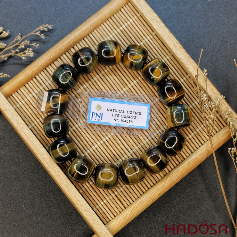 Vòng đá Mắt Hổ xanh vàng hạt trụ 14mm chuẩn 5A