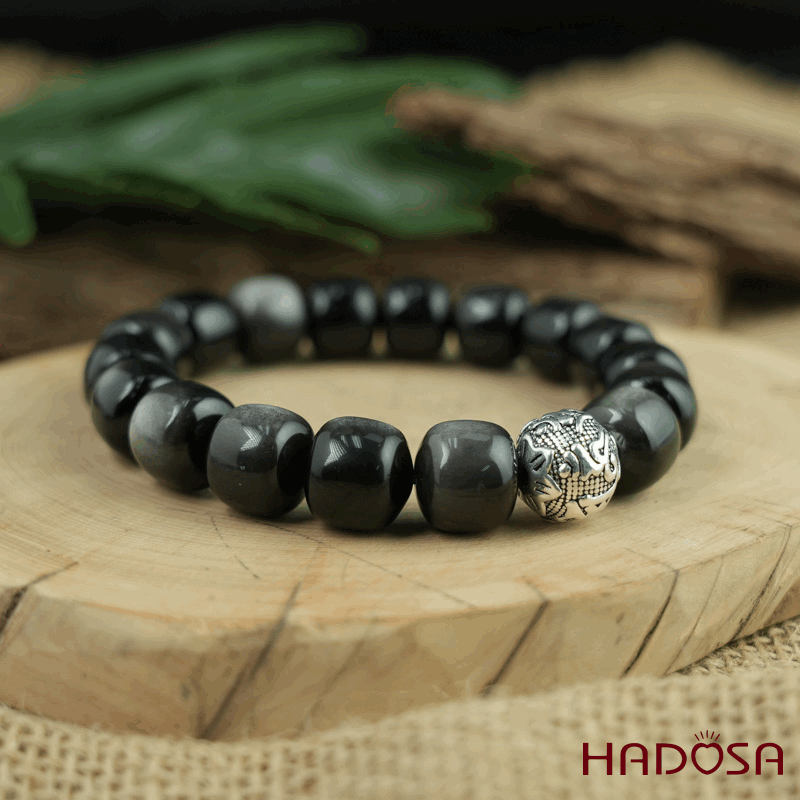 Vòng tay đá Obsidian-Hắc Diện Thạch ánh bạc hạt trụ 11x12mm mix charm bạc