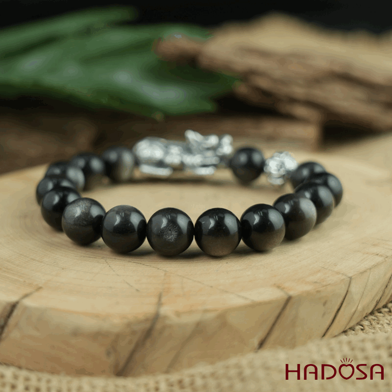 Vòng tay đá Obsidian-Hắc Diện Thạch ánh bạc 10mm mix tỳ hưu bạc