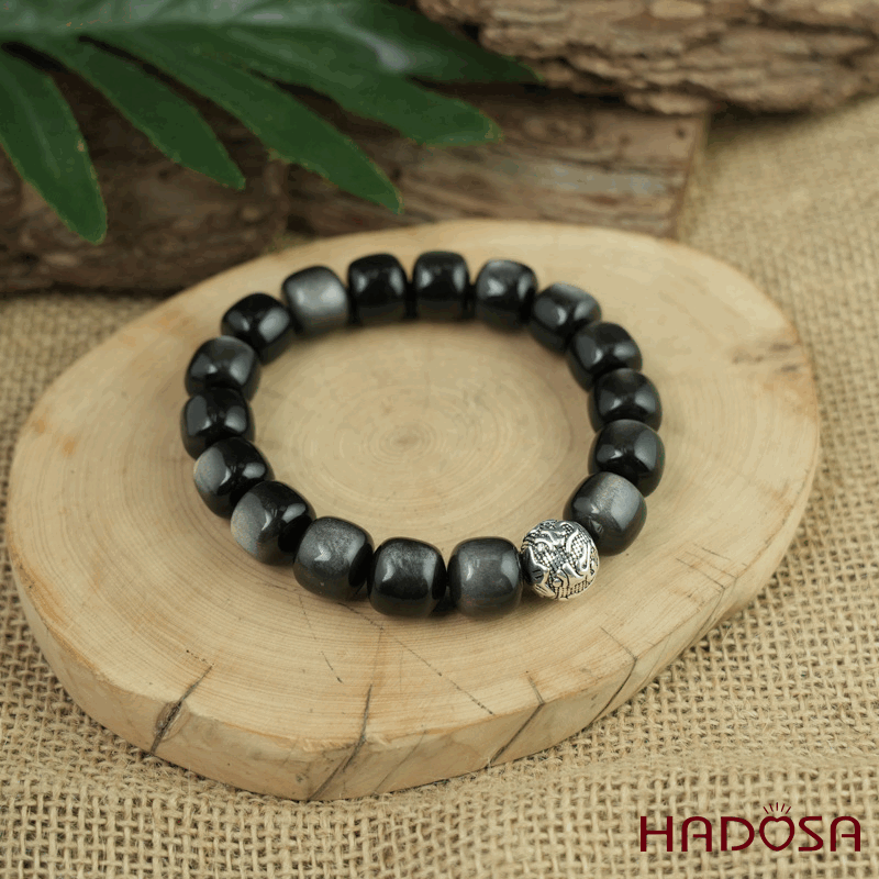 Vòng tay đá Obsidian-Hắc Diện Thạch ánh bạc hạt trụ 11x12mm mix charm bạc