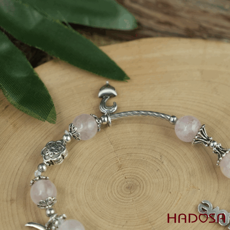 Vòng Thạch Anh Hồng 8mm mix charm bạc 925 (Hỏa, Thổ)