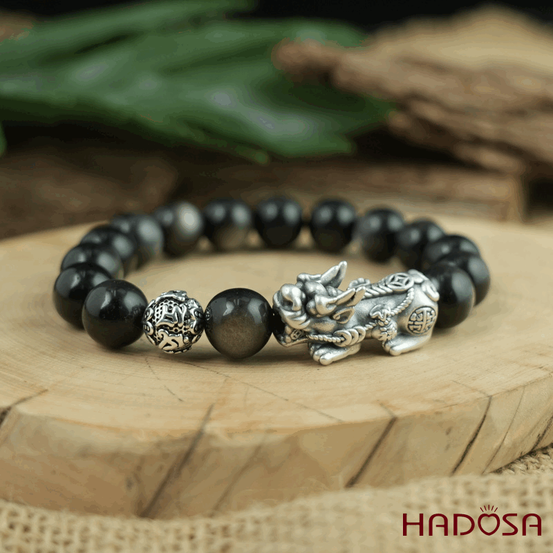 Vòng tay đá Obsidian-Hắc Diện Thạch ánh bạc 10mm mix tỳ hưu bạc