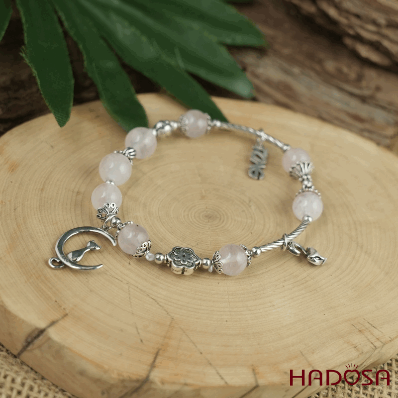 Vòng Thạch Anh Hồng 8mm mix charm bạc 925 (Hỏa, Thổ)