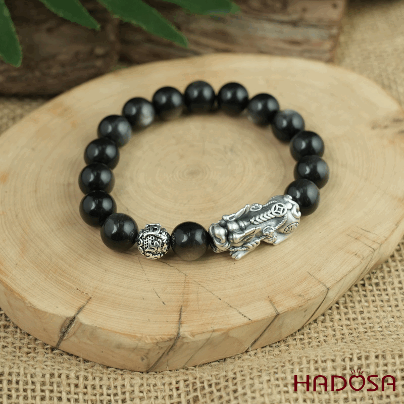 Vòng tay đá Obsidian-Hắc Diện Thạch ánh bạc 10mm mix tỳ hưu bạc