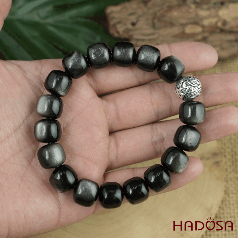 Vòng tay đá Obsidian-Hắc Diện Thạch ánh bạc hạt trụ 11x12mm mix charm bạc