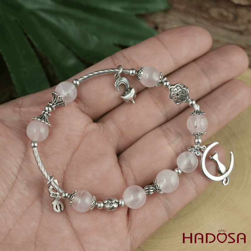 Vòng Thạch Anh Hồng 8mm mix charm bạc 925 (Hỏa, Thổ)