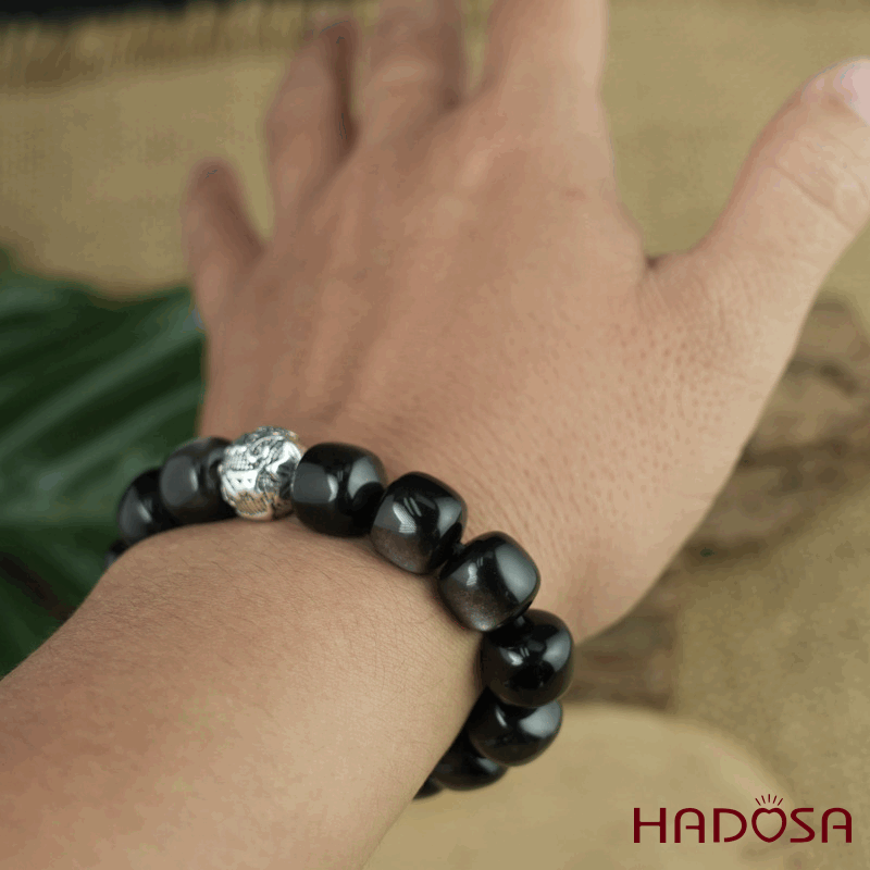 Vòng tay đá Obsidian-Hắc Diện Thạch ánh bạc hạt trụ 11x12mm mix charm bạc