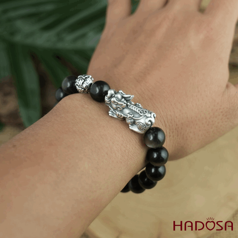 Vòng tay đá Obsidian-Hắc Diện Thạch ánh bạc 10mm mix tỳ hưu bạc