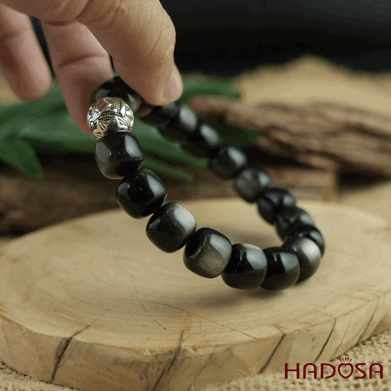 Vòng tay đá Obsidian-Hắc Diện Thạch ánh bạc hạt trụ 11x12mm mix charm bạc