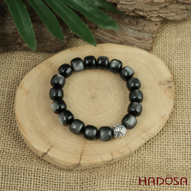 Vòng tay đá Obsidian-Hắc Diện Thạch ánh bạc hạt trụ 11x12mm mix charm bạc