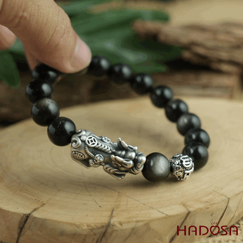 Vòng tay đá Obsidian-Hắc Diện Thạch ánh bạc 10mm mix tỳ hưu bạc