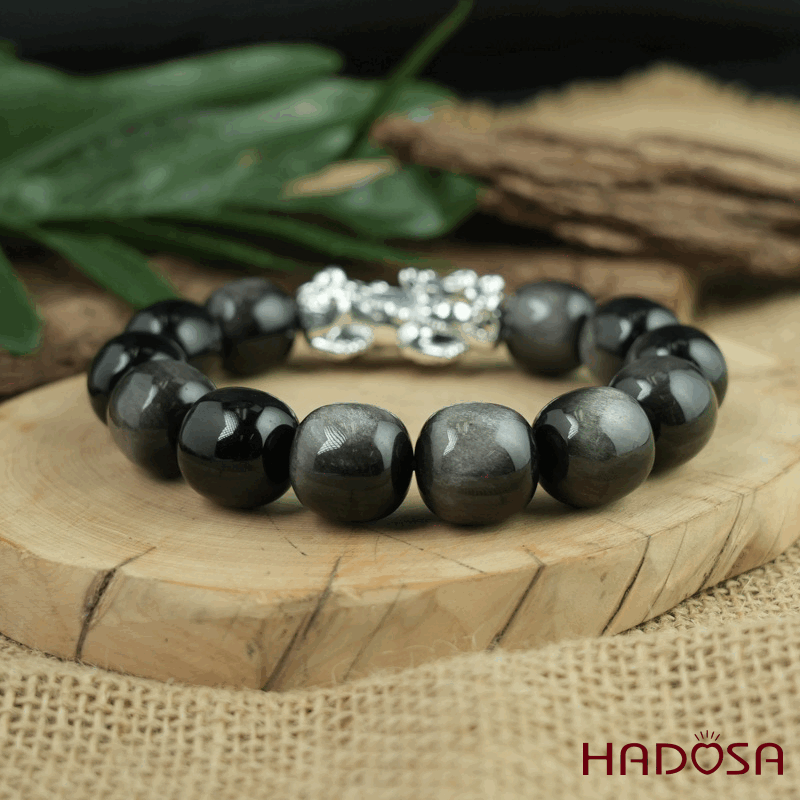 Vòng tay đá Obsidian-Hắc Diện Thạch ánh bạc hạt trụ 16mm mix tỳ hưu bạc