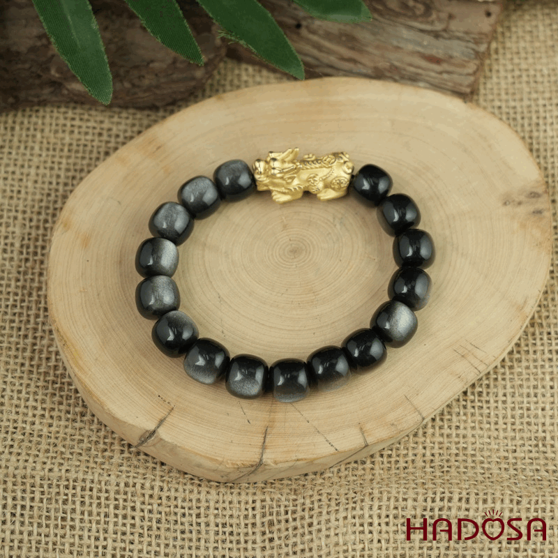 Vòng tay đá Obsidian-Hắc Diện Thạch ánh bạc hạt trụ 11x12mm mix tỳ hưu bạc mạ vàng