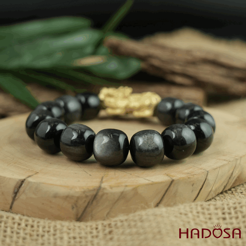 Vòng tay đá Obsidian-Hắc Diện Thạch ánh bạc hạt trụ 13x14mm mix tỳ hưu bạc mạ vàng