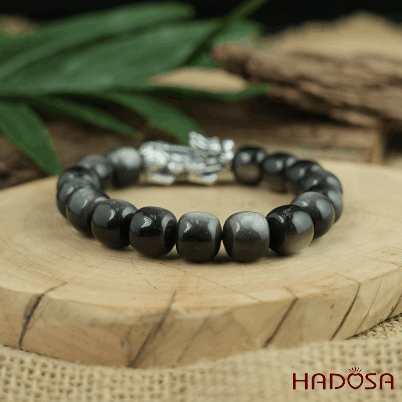 Vòng tay đá Obsidian-Hắc Diện Thạch ánh bạc hạt trụ 10x11mm mix tỳ hưu bạc