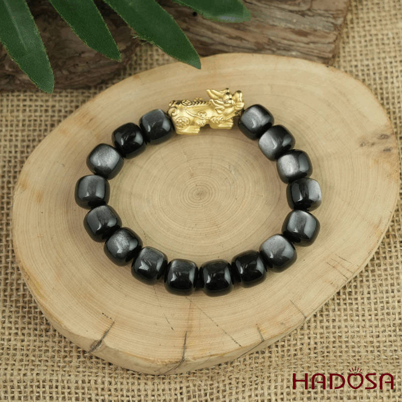 Vòng tay đá Obsidian-Hắc Diện Thạch ánh bạc hạt trụ 10x11mm mix tỳ hưu bạc mạ vàng