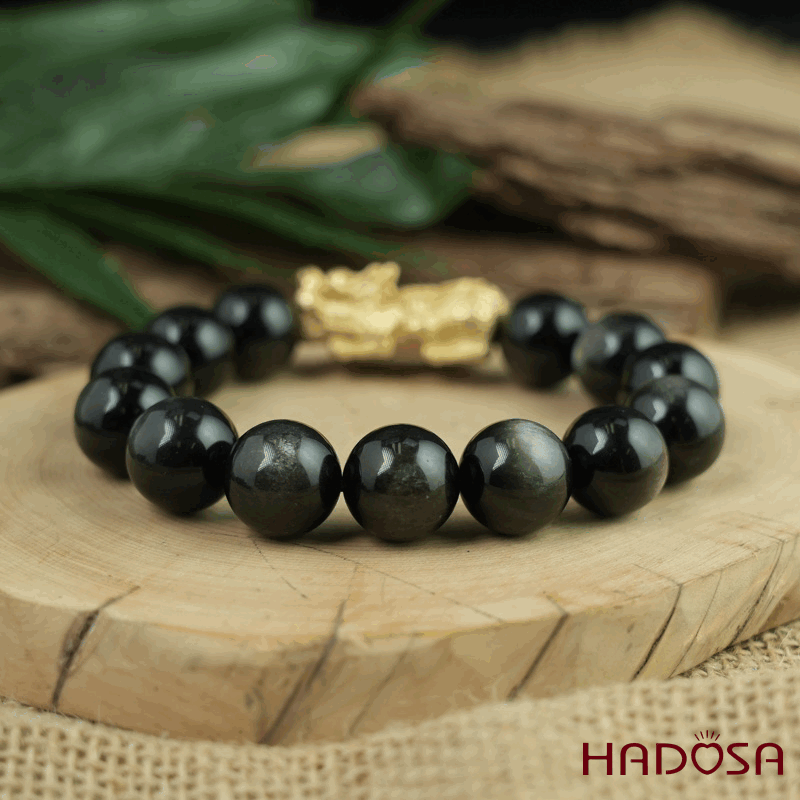 Vòng tay đá Obsidian-Hắc Diện Thạch ánh bạc 14mm mix charm bạc mạ vàng