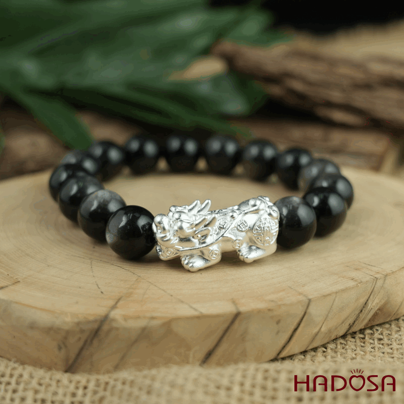 Vòng tay đá Obsidian-Hắc Diện Thạch ánh bạc 12mm mix tỳ hưu bạc