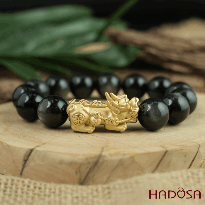 Vòng tay đá Obsidian-Hắc Diện Thạch ánh bạc 14mm mix charm bạc mạ vàng