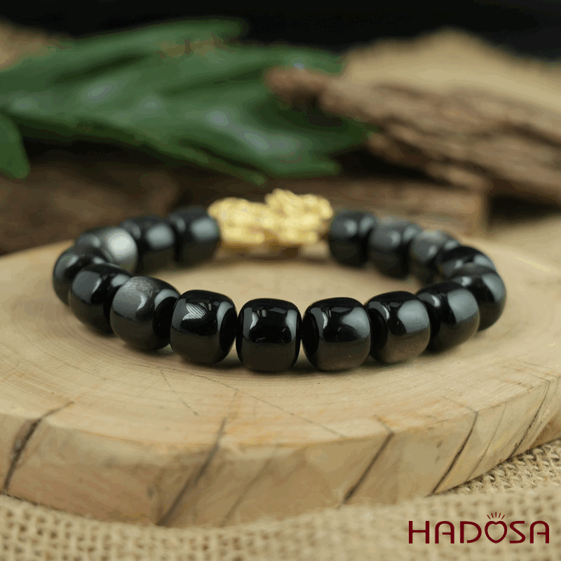 Vòng tay đá Obsidian-Hắc Diện Thạch ánh bạc hạt trụ 10x11mm mix tỳ hưu bạc mạ vàng