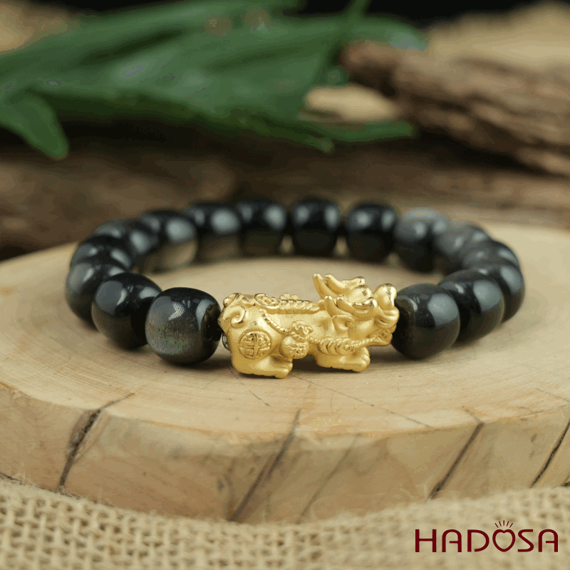 Vòng tay đá Obsidian-Hắc Diện Thạch ánh bạc hạt trụ 11x12mm mix tỳ hưu bạc mạ vàng