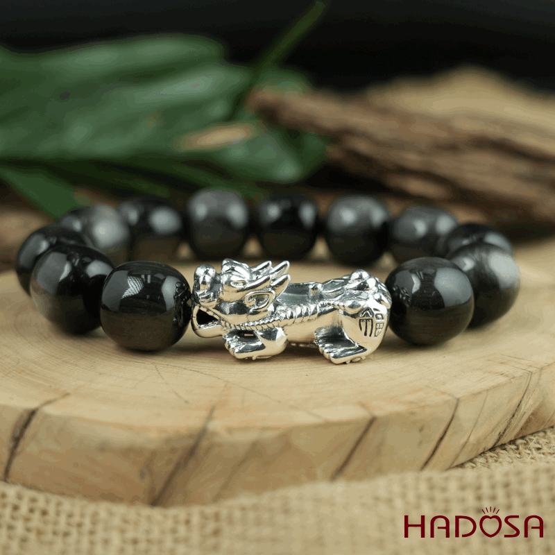 Vòng tay đá Obsidian-Hắc Diện Thạch ánh bạc hạt trụ 16mm mix tỳ hưu bạc