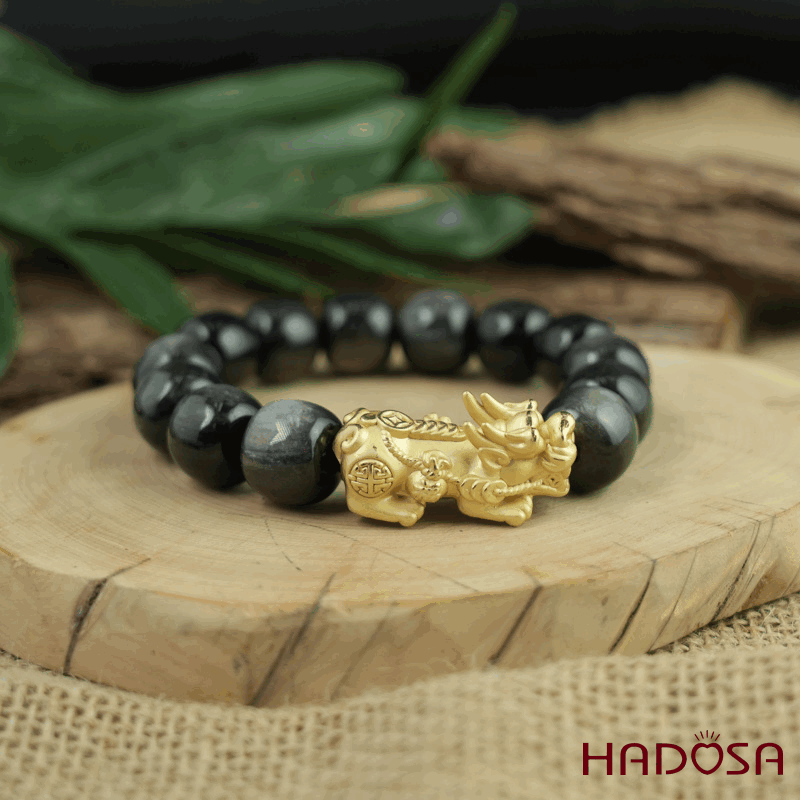 Vòng tay đá Obsidian-Hắc Diện Thạch ánh bạc hạt trụ 13x14mm mix tỳ hưu bạc mạ vàng