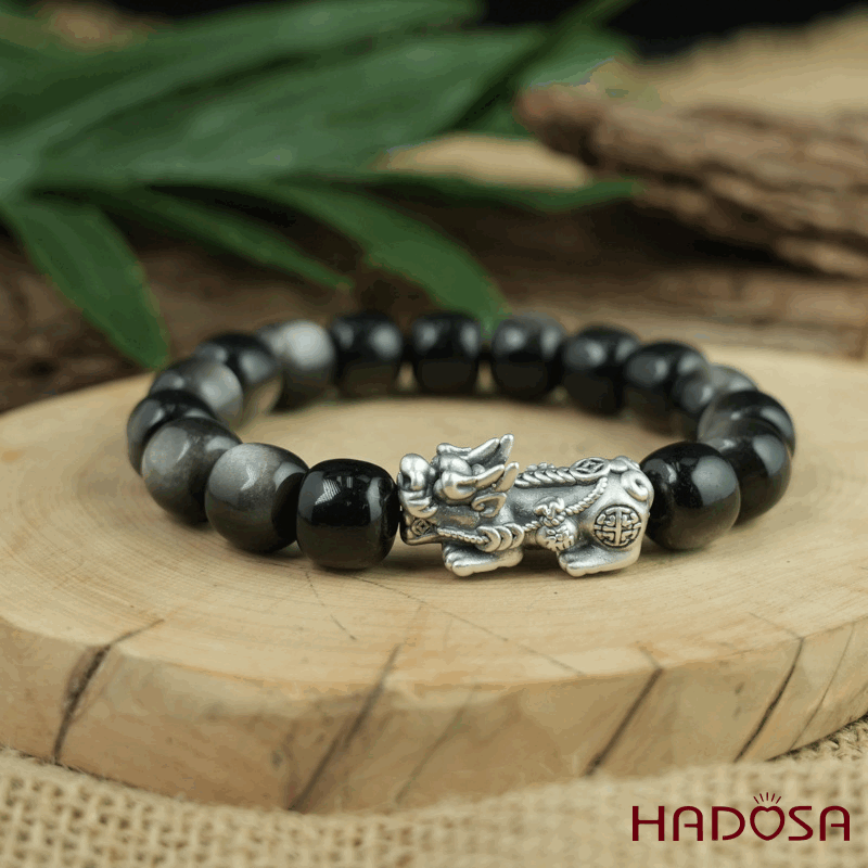 Vòng tay đá Obsidian-Hắc Diện Thạch ánh bạc hạt trụ 10x11mm mix tỳ hưu bạc