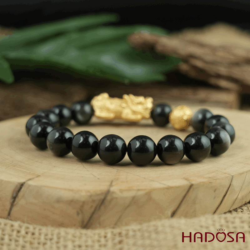 Vòng tay đá Obsidian-Hắc Diện Thạch ánh bạc 10mm mix tỳ hưu mạ vàng