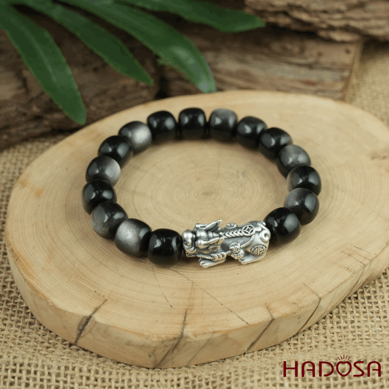 Vòng tay đá Obsidian-Hắc Diện Thạch ánh bạc hạt trụ 10x11mm mix tỳ hưu bạc