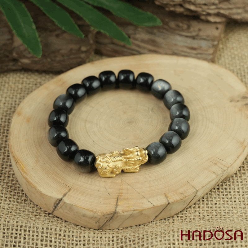 Vòng tay đá Obsidian-Hắc Diện Thạch ánh bạc hạt trụ 11x12mm mix tỳ hưu bạc mạ vàng