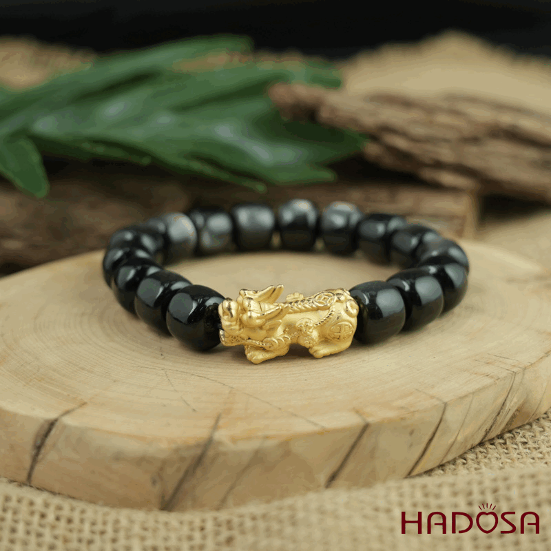 Vòng tay đá Obsidian-Hắc Diện Thạch ánh bạc hạt trụ 10x11mm mix tỳ hưu bạc mạ vàng