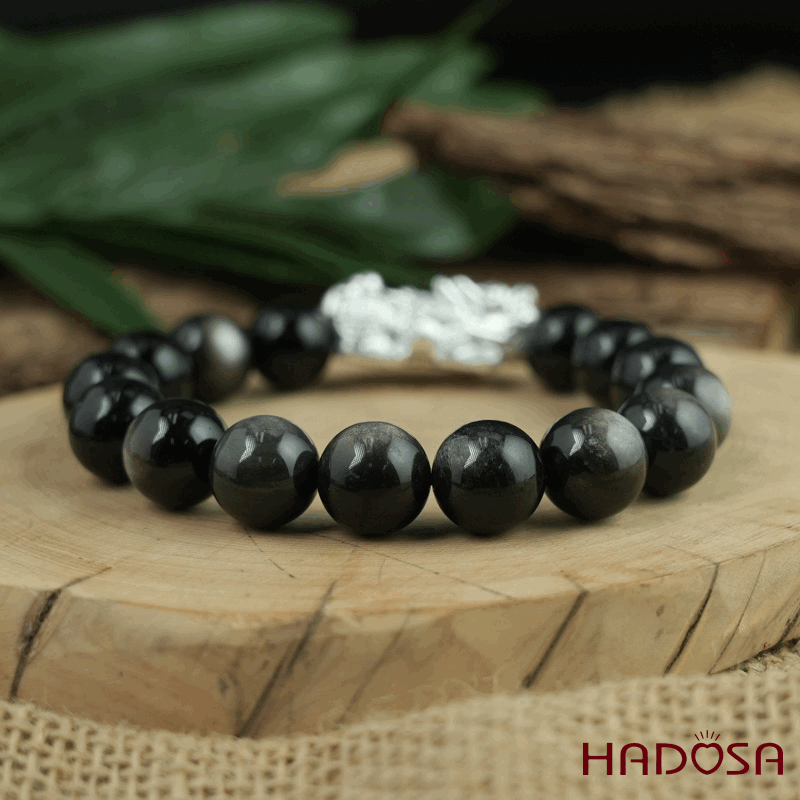 Vòng tay đá Obsidian-Hắc Diện Thạch ánh bạc 12mm mix tỳ hưu bạc