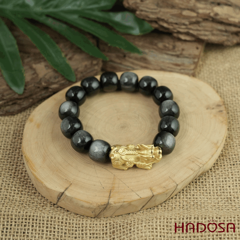 Vòng tay đá Obsidian-Hắc Diện Thạch ánh bạc hạt trụ 13x14mm mix tỳ hưu bạc mạ vàng