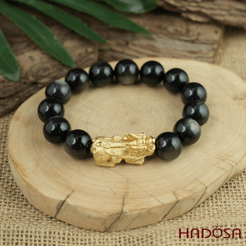 Vòng tay đá Obsidian-Hắc Diện Thạch ánh bạc 14mm mix charm bạc mạ vàng