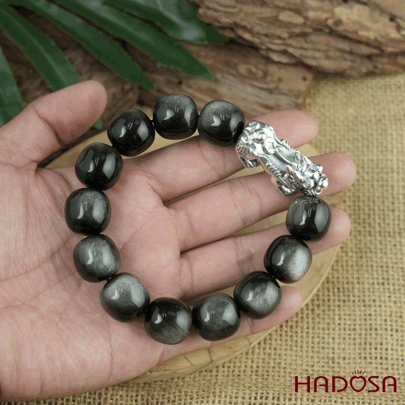 Vòng tay đá Obsidian-Hắc Diện Thạch ánh bạc hạt trụ 16mm mix tỳ hưu bạc