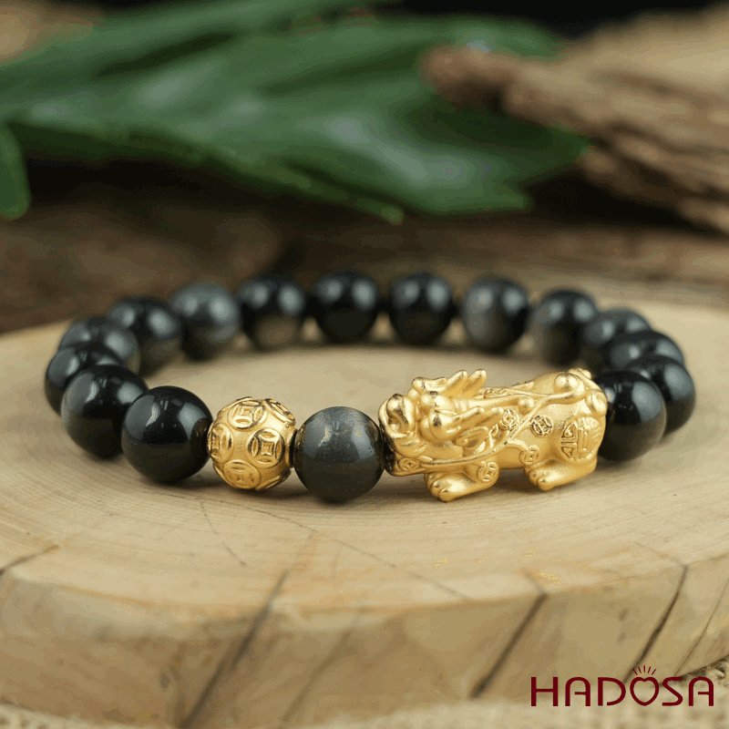 Vòng tay đá Obsidian-Hắc Diện Thạch ánh bạc 10mm mix tỳ hưu mạ vàng