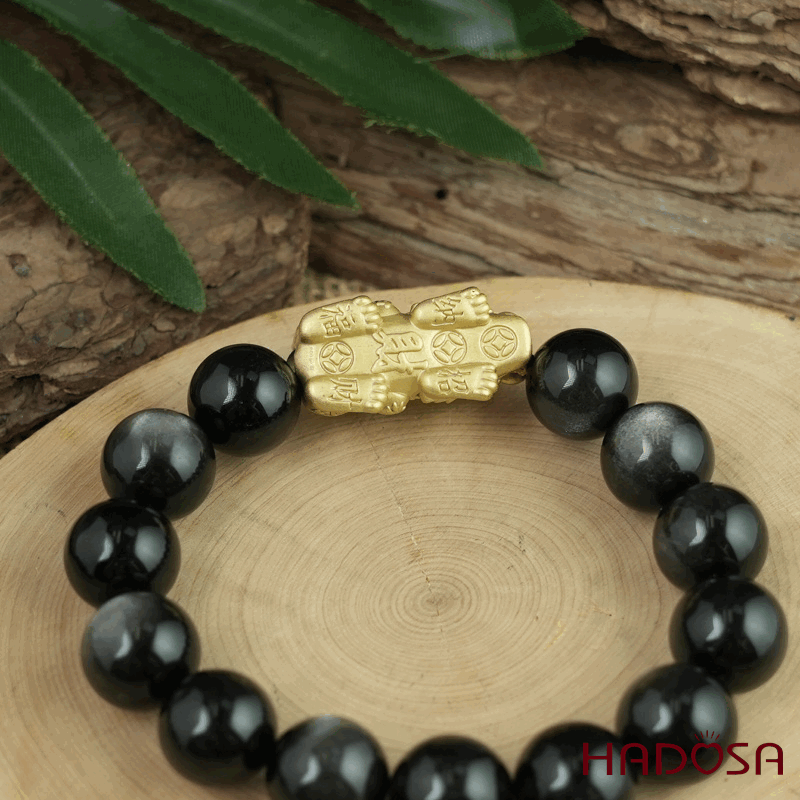 Vòng tay đá Obsidian-Hắc Diện Thạch ánh bạc 14mm mix charm bạc mạ vàng